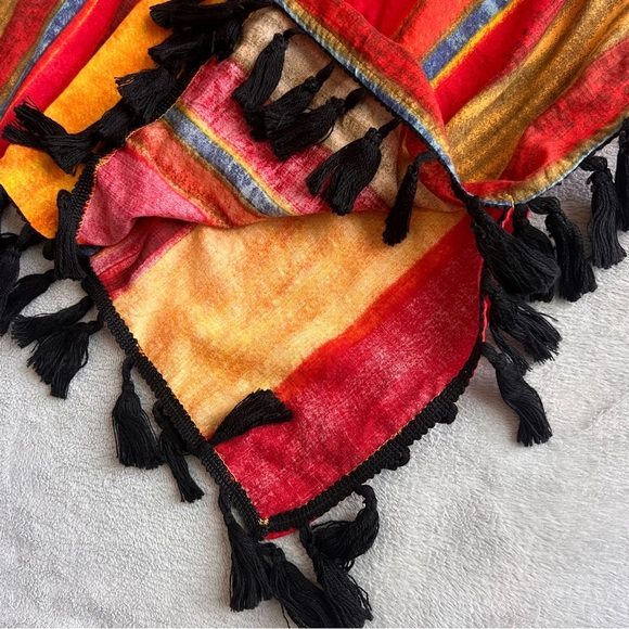 Savanna Jane Bohemian Southwest Stripe Embroidered Tassel Poncho Top M/L - Picture 7 of 12